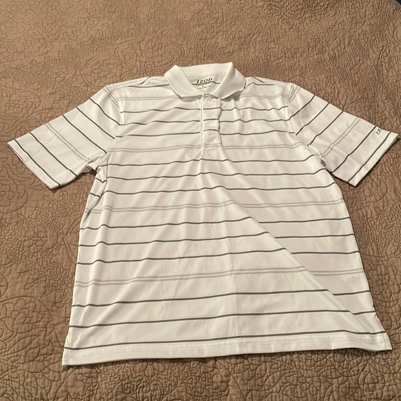 Izod Golf Polo. White with Black and Grey Stripes. Medium. - Picture 2 of 3